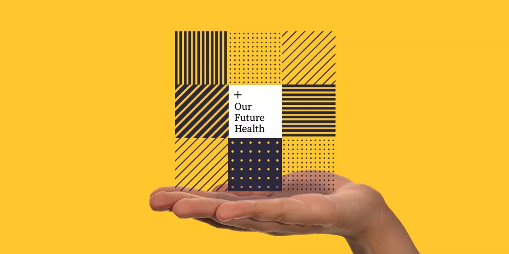 Our Future Health logo in the middle of a box split into 9 squares, each square with a different black lined or dotted backgroun, on a yellow background