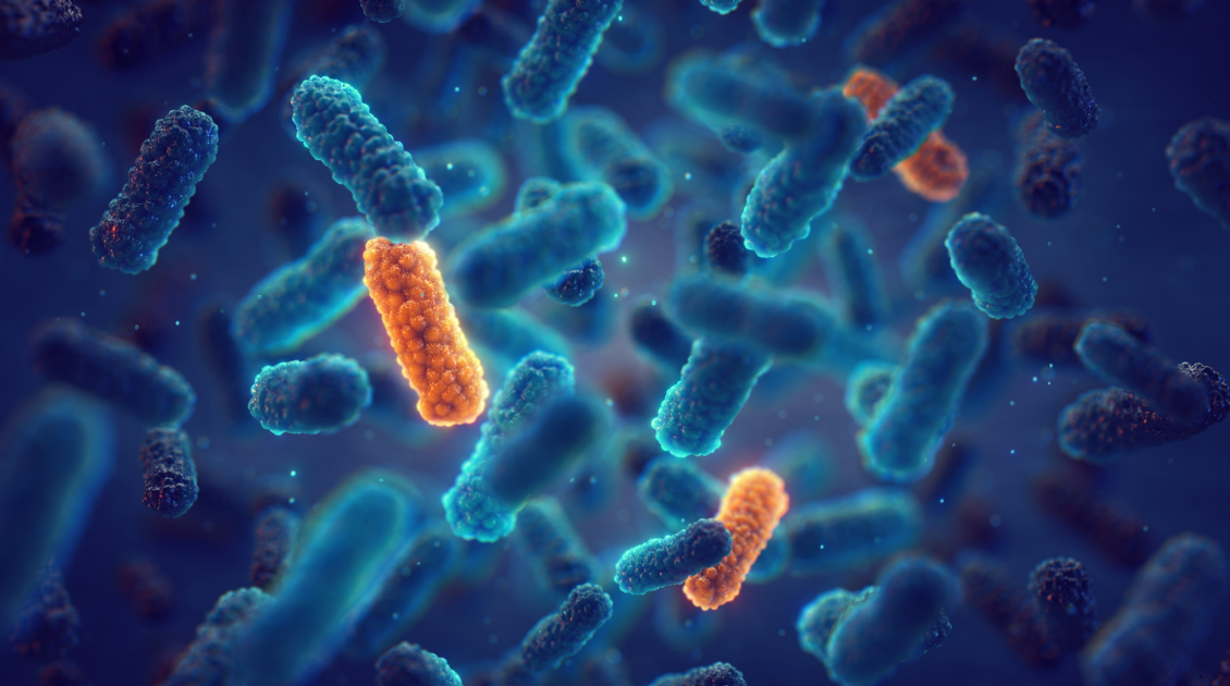 3D render of bacteria with some yellow bacteria indicating mutation to resistance.