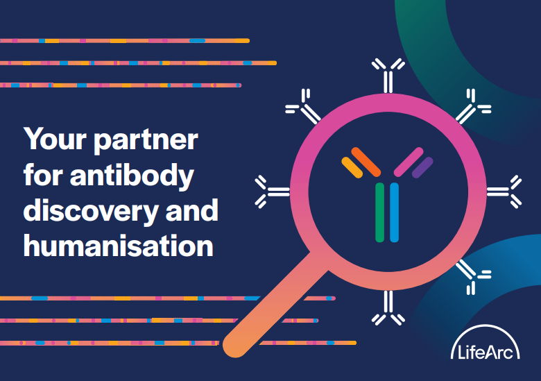 Front cover of a LifeArc-branded antibody discovery and humanisation booklet reading "your partner for antibody discovery and humanisation"