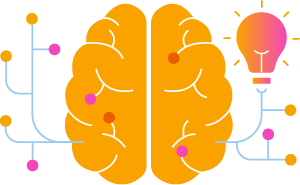 Graphic of an orange brain and a pink and orange lightbulb 