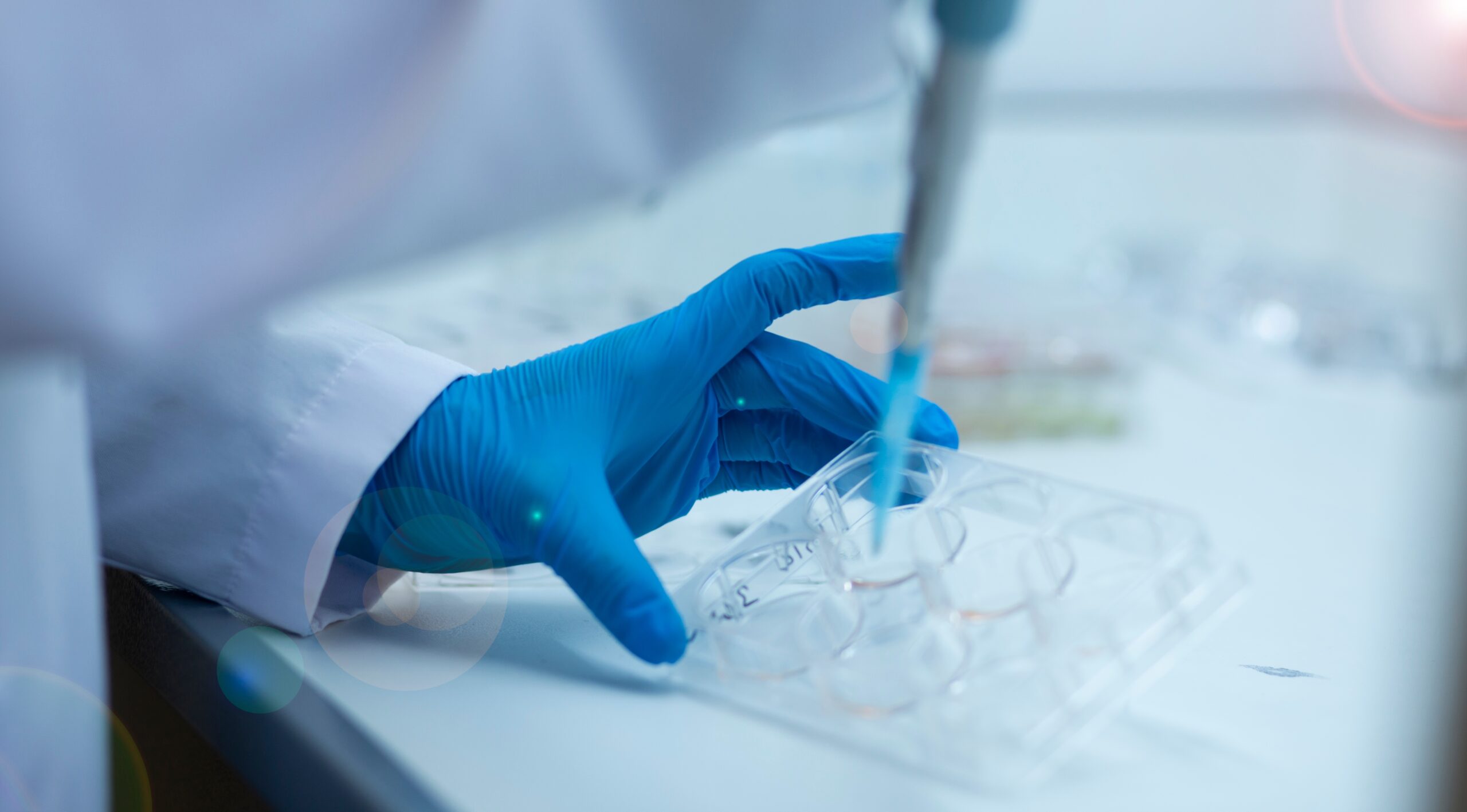 Close up of scientists hands with gloves on pipetting